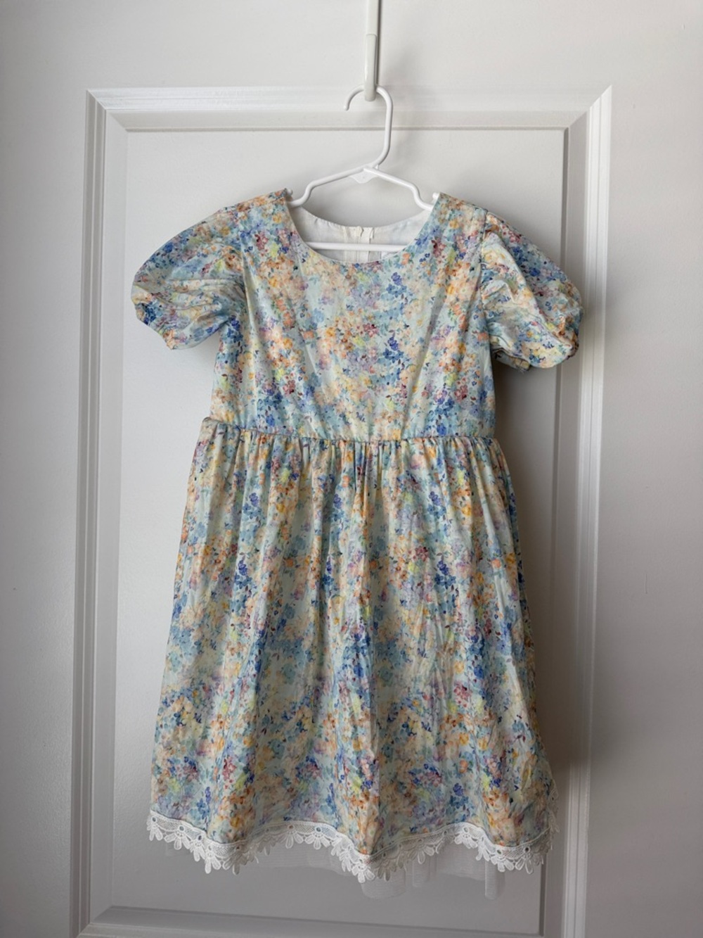Popatu Pastel Floral Lace-Hem Dress - Light Blue, Yellow, Pink